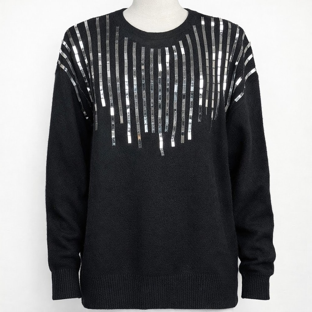 Vintage Sequin Angora Lambs Wool Crewneck Sweater Size M Black Party Embellished